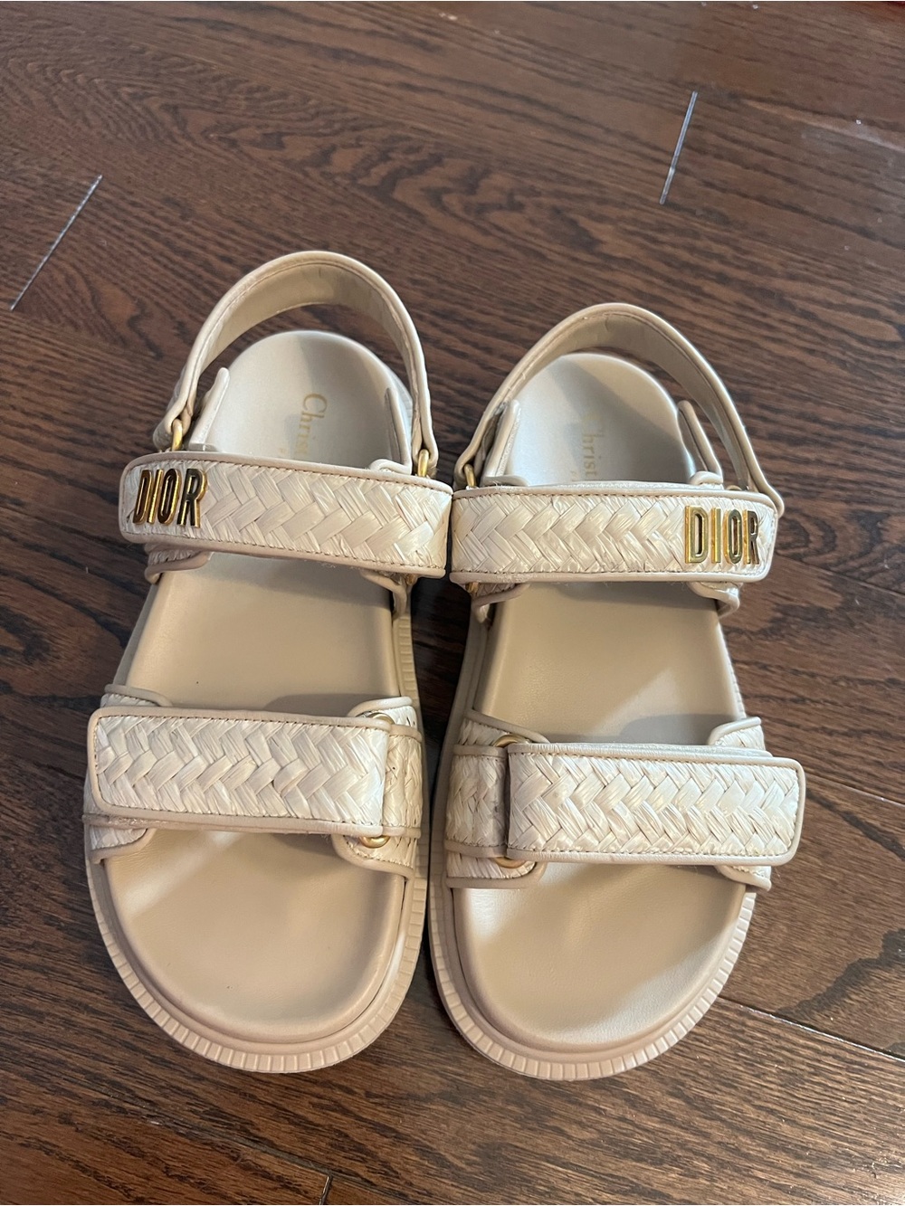 Dior Cream Braided-Strap Sandals with Gold Logo